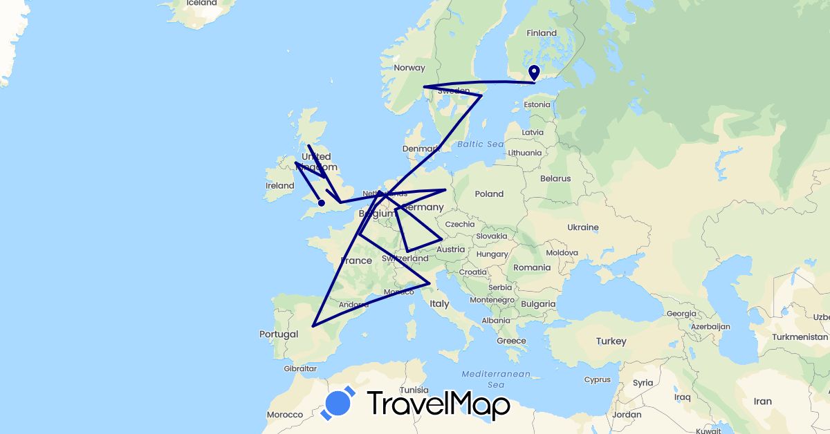 TravelMap itinerary: driving in Belgium, Switzerland, Germany, Denmark, Spain, Finland, France, United Kingdom, Italy, Netherlands, Norway, Sweden (Europe)